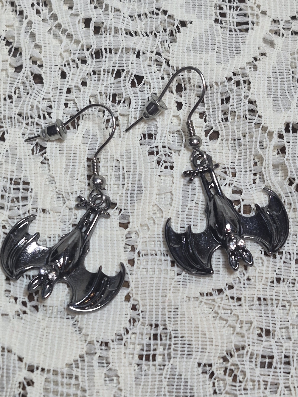 Gunmetal Inverted Hanging Bat Goth Dangle Earrings